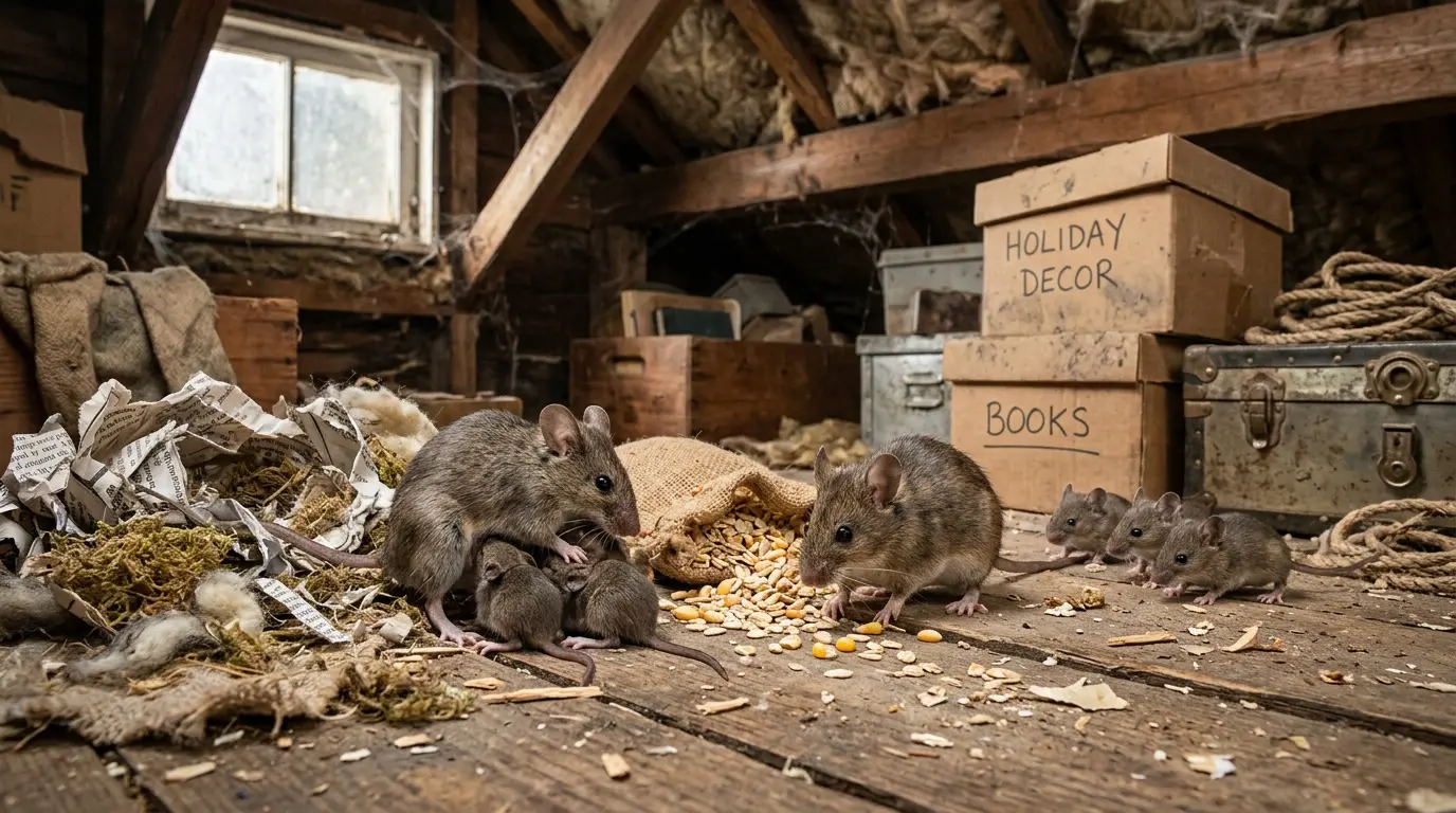 Family of mice nesting among stored boxes in the attic of a Bend, Oregon home