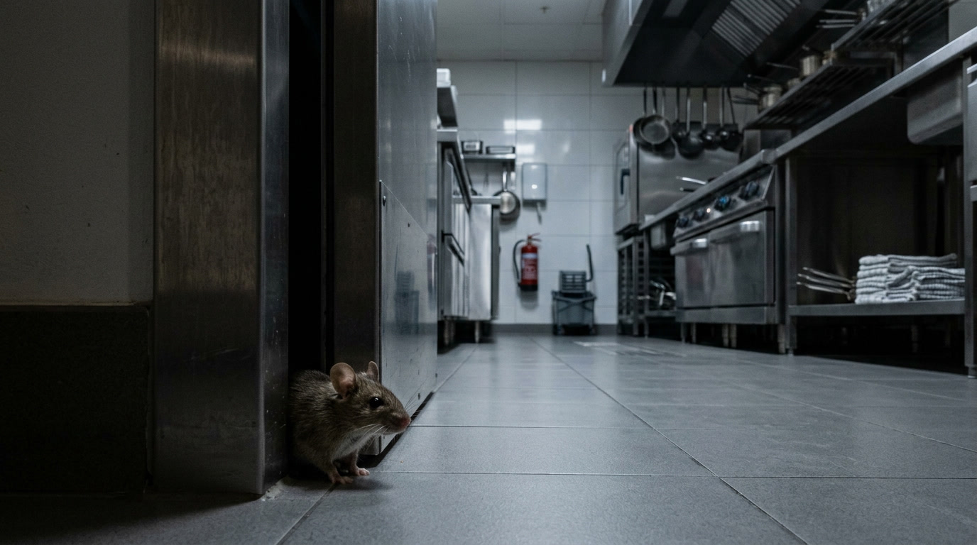 Mouse slipping under a door into a spotless commercial restaurant kitchen in Bend, Oregon