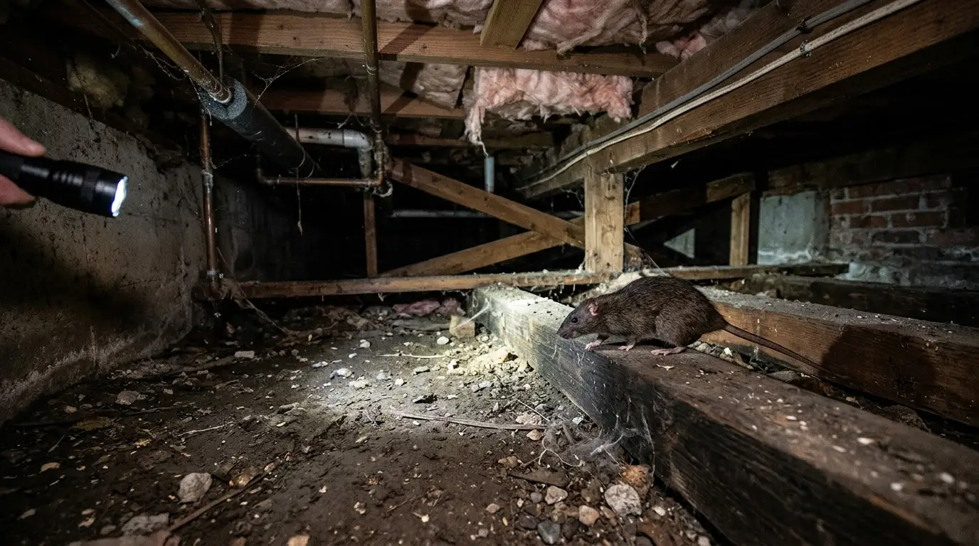 Rat discovered by flashlight in the crawl space of a Bend, Oregon home