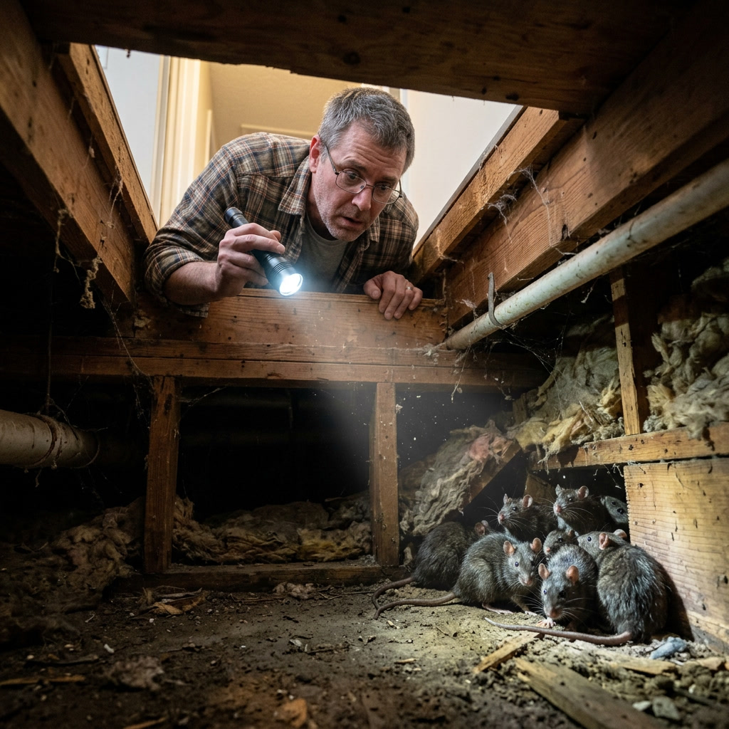 Homeowner with a flashlight peering into a crawl space and discovering an active rat infestation under a Bend, Oregon home