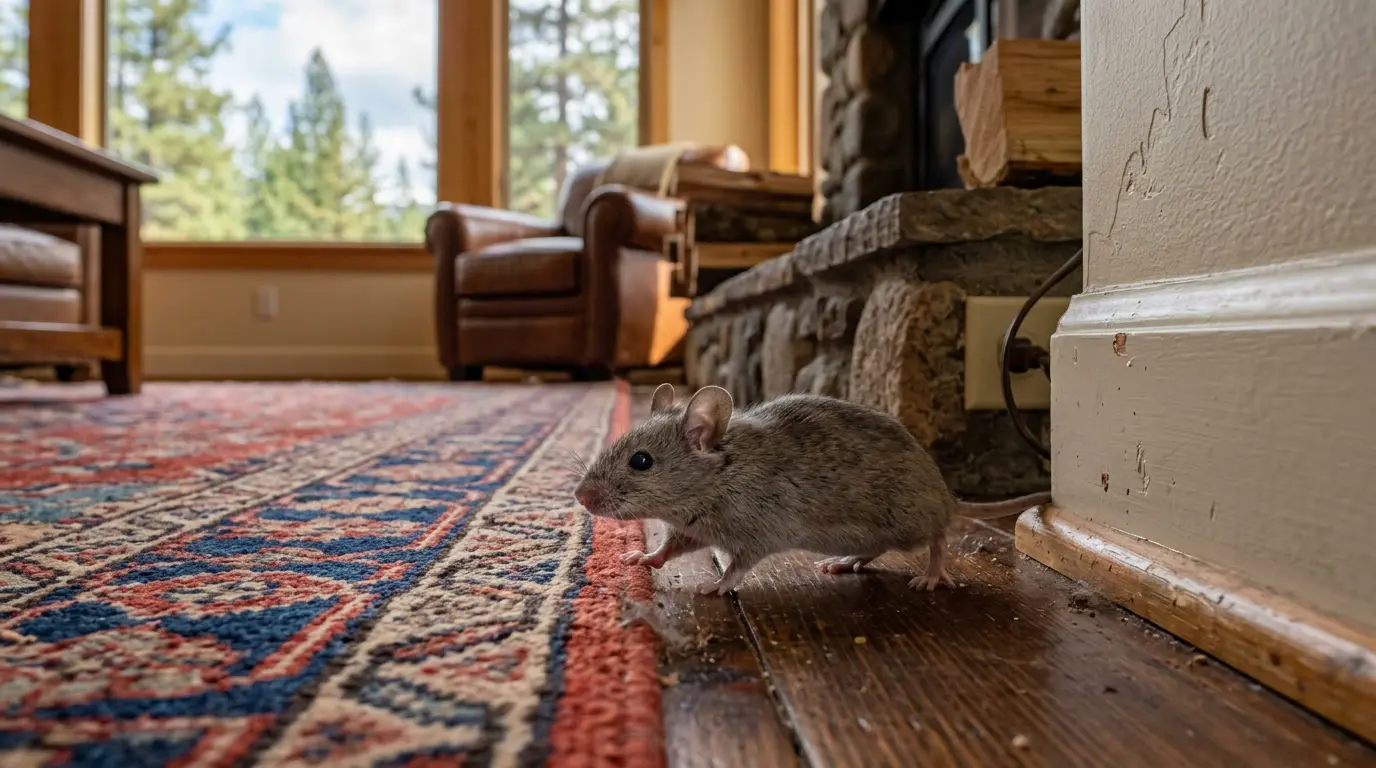 House mouse on the floor of a Bend, Oregon living room near the baseboard