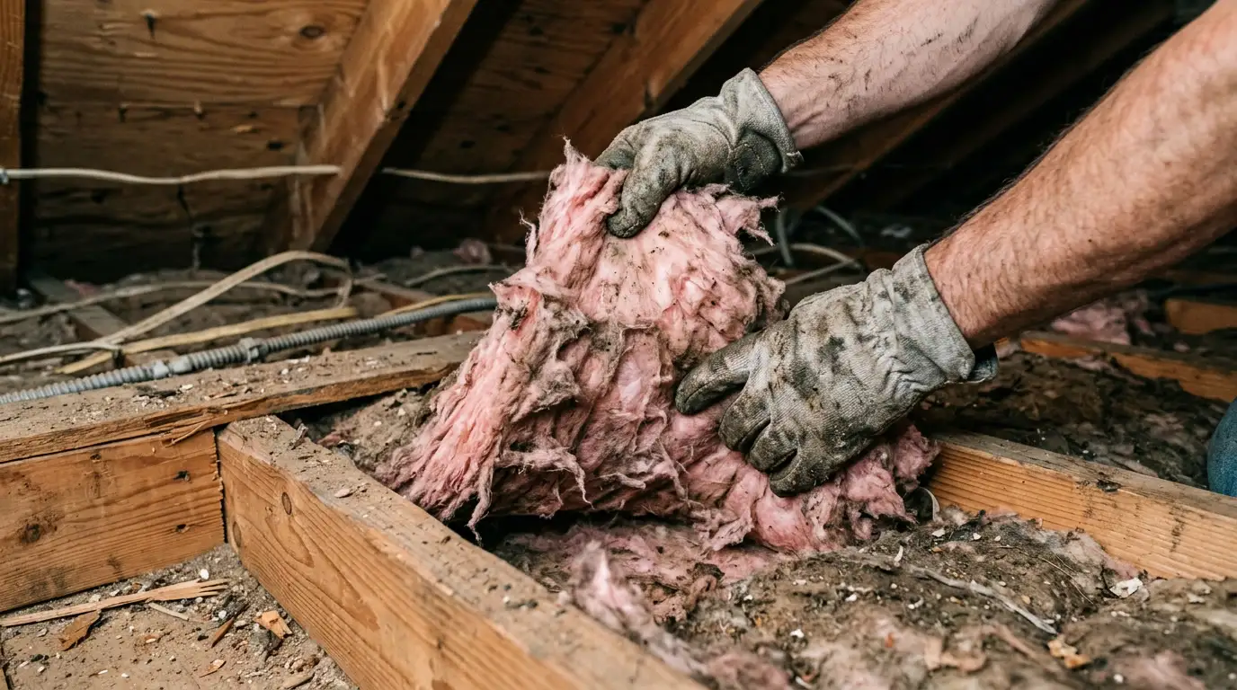 Gloved technician removing rodent-contaminated insulation from a Bend, Oregon attic