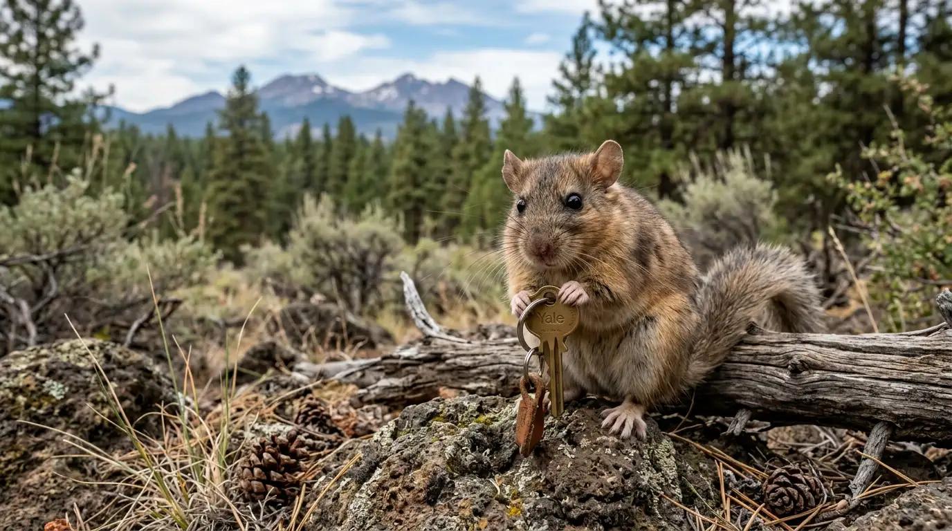 Pack rat holding a house key in the high desert near Bend, Oregon