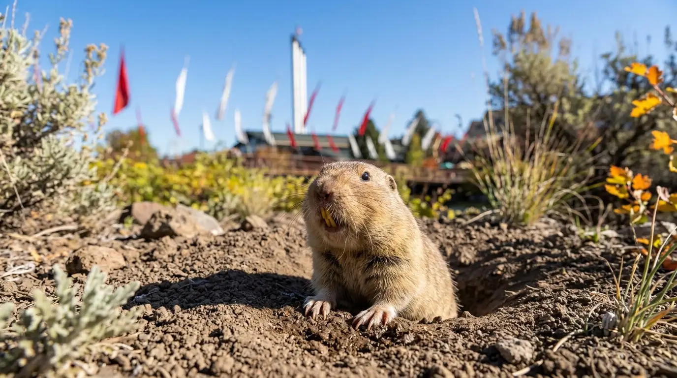 Pocket gopher emerging from its burrow on the outskirts of Bend, Oregon