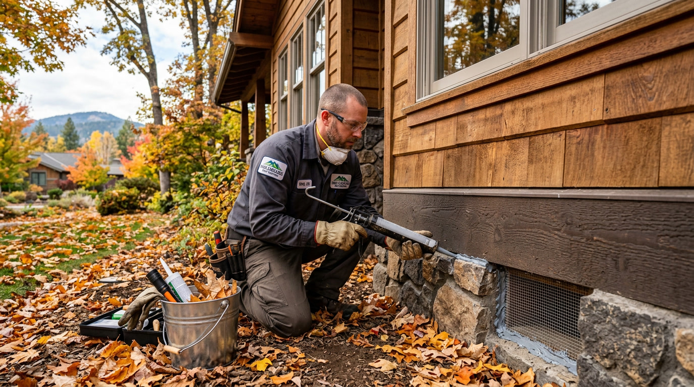 Exclusion specialist sealing a foundation gap with rodent-rated sealant and steel mesh on a Bend, Oregon home