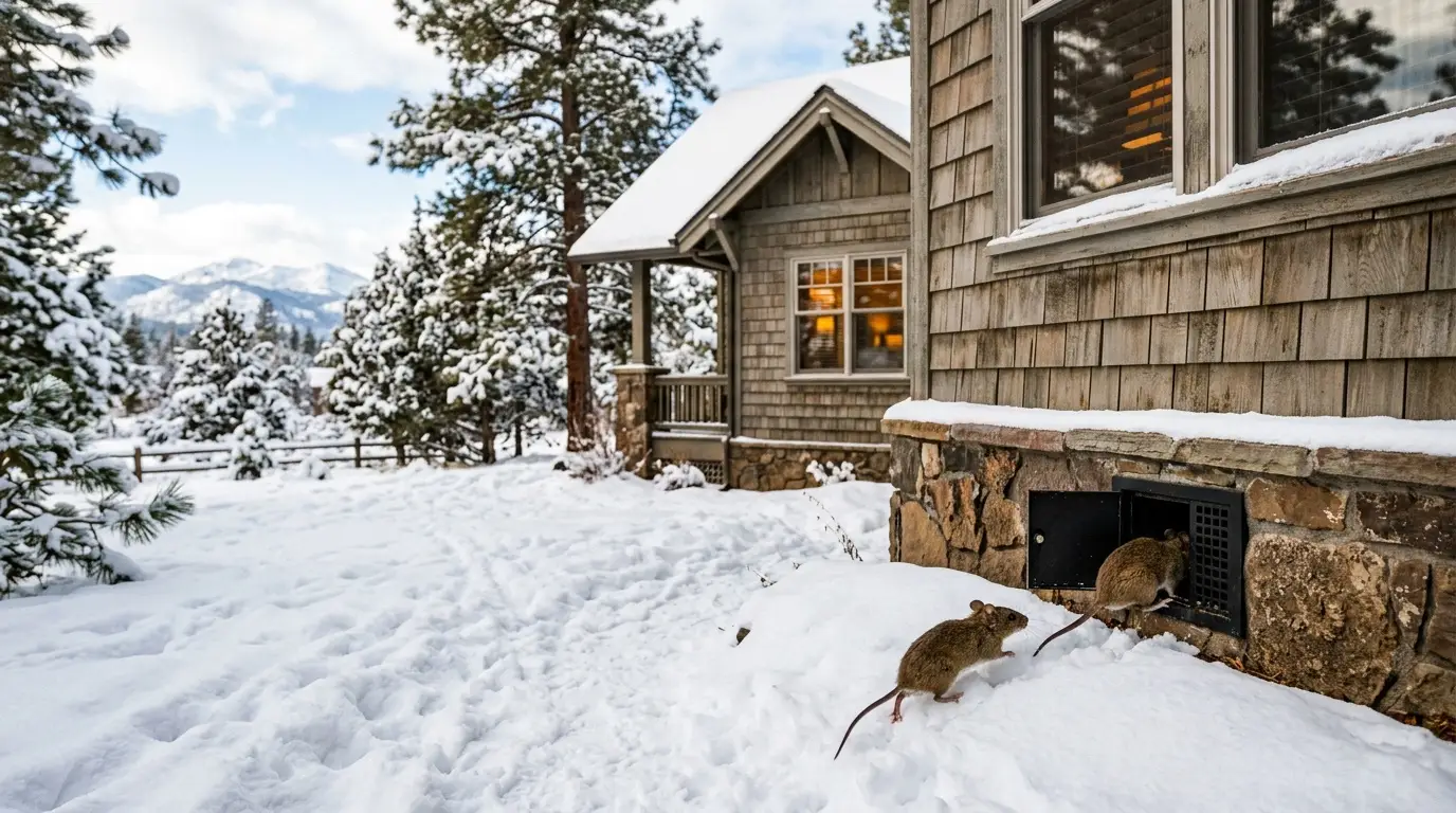 Mice climbing through a foundation vent into a snow-covered Bend, Oregon home in winter