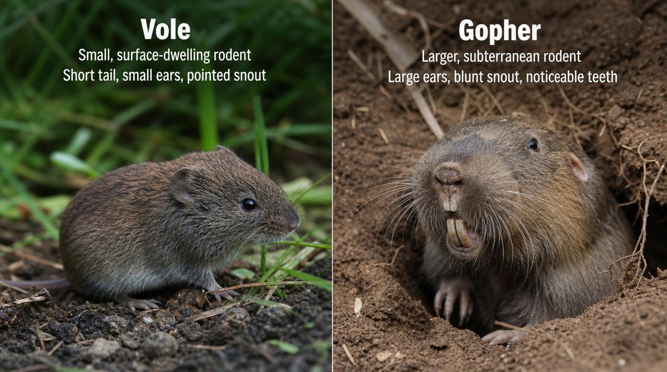 Side-by-side comparison of a vole — small surface-dwelling rodent — and a pocket gopher — larger subterranean rodent with prominent teeth