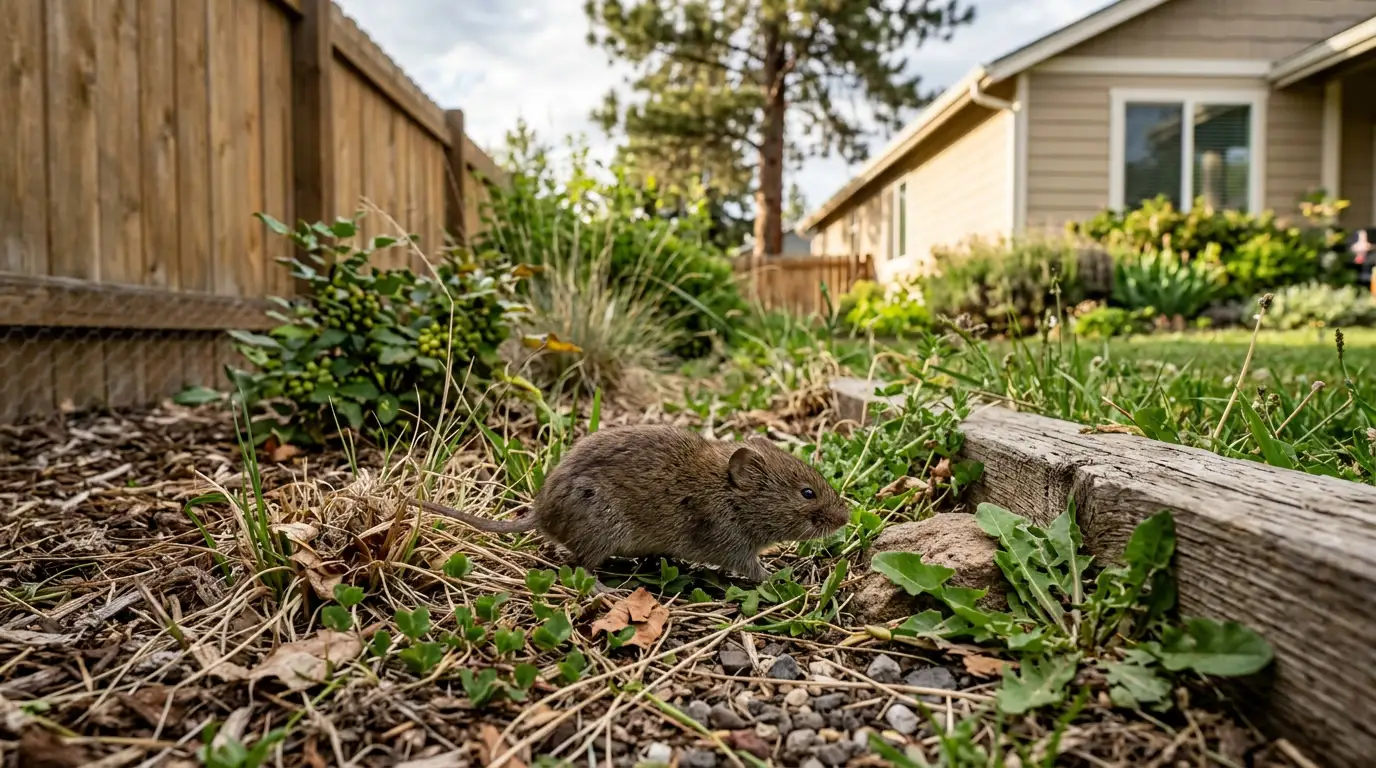 Vole foraging at the edge of a garden bed in a suburban Bend, Oregon backyard